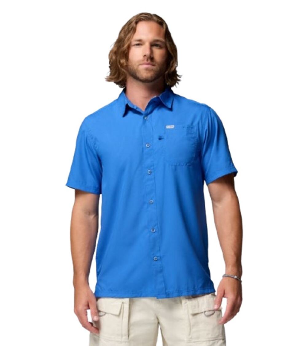 COLUMBIA Mens PFG Slack Tide Camp Shirt Small Vivid Blue UFF 50 Short Sleeve NWT